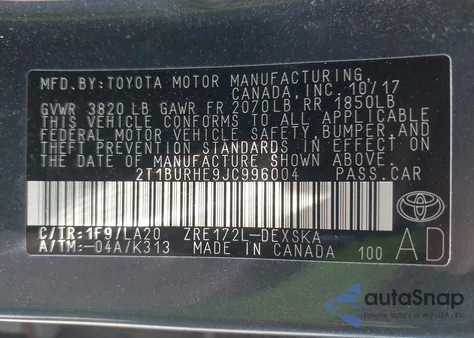 2018 Toyota Corolla Xse from USA, damaged, VIN 2T1BURHE9JC996004